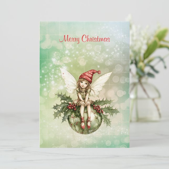 Cartes Pour Fêtes Annuelles Fée de Noël mignonne sur un ornement (Debout devant)
