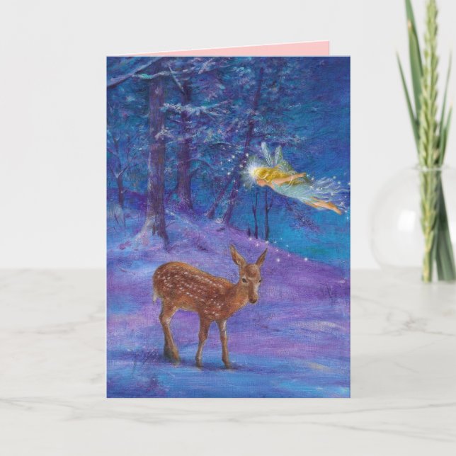 Cartes Pour Fêtes Annuelles Fée et cerfs communs illustrés d'hiver en bois (Devant)