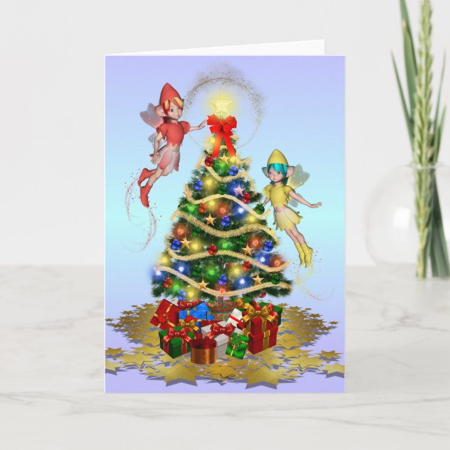 Cartes Pour Fêtes Annuelles Fées de Noël décorant l'arbre (Devant)