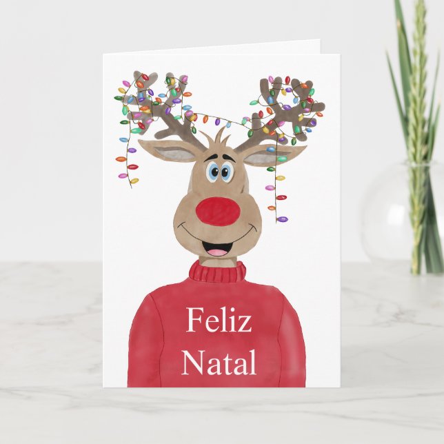Cartes Pour Fêtes Annuelles Feliz Natal, Portugais Lumières de Noël Reindeder (Devant)