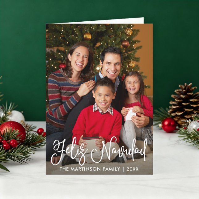 Cartes Pour Fêtes Annuelles Feliz Navidad Calligraphie Script Famille Photo Pl (Customize to add text to inside of card.)