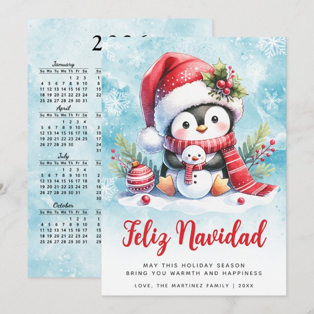 Cartes Pour Fêtes Annuelles Feliz Navidad Cute Penguin Noël espagnol (Devant / Derrière)
