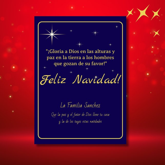 Cartes Pour Fêtes Annuelles Feliz Navidad Golden & Blue Luke 2:14 Verse (Feliz Navidad Deep Blue & Gold Holiday card, customizable Spanish text, Con Jesus en el camino)