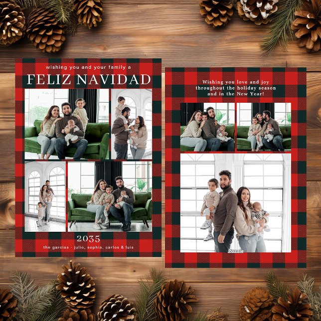 Cartes Pour Fêtes Annuelles Feliz Navidad Multi Photo Red Buffalo Plaid (Créateur téléchargé)