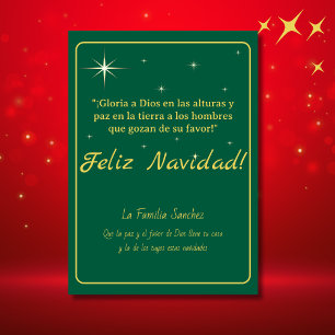 Cartes Pour Fêtes Annuelles Feliz Navidad Or et Vert Luc 2:14 Verset