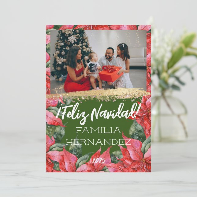 Cartes Pour Fêtes Annuelles Feliz Navidad Poinsettia Photo de famille Noël (Debout devant)