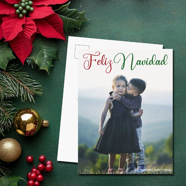 Cartes Pour Fêtes Annuelles Feliz Navidad Red Green Photo de Noël espagnol (Créateur téléchargé)