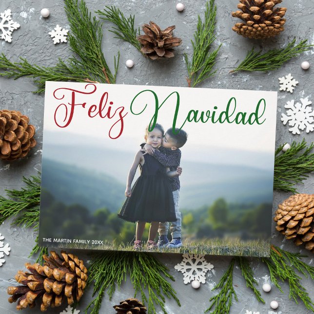 Cartes Pour Fêtes Annuelles Feliz Navidad Red Green Script Photo Espagnol (Créateur téléchargé)