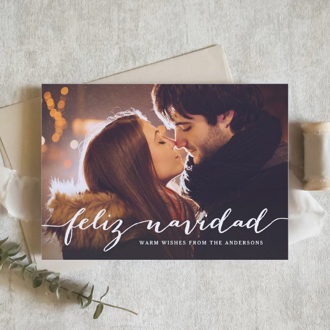 Cartes Pour Fêtes Annuelles Feliz Navidad Rustic Script Photo de Noël (Créateur téléchargé)