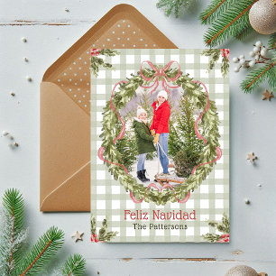Cartes Pour Fêtes Annuelles Feliz Navidad Watercolor Floral Bow Family Photo