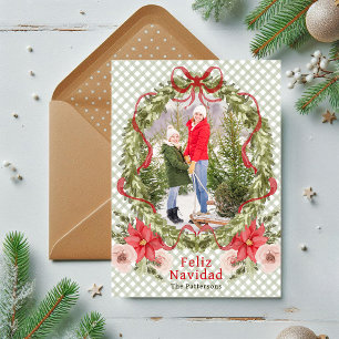 Cartes Pour Fêtes Annuelles Feliz Navidad Watercolor Floral Bow Family Photo