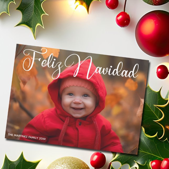 Cartes Pour Fêtes Annuelles Feliz Navidad White Script Photo Noël espagnol (Créateur téléchargé)
