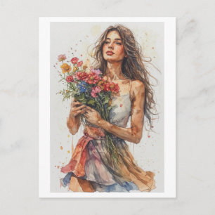 Cartes Pour Fêtes Annuelles Femme à l'aquarelle portant des fleurs sur une