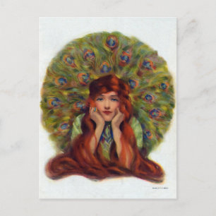 Cartes Pour Fêtes Annuelles femme ancienne, plumes de paon, art nouveau