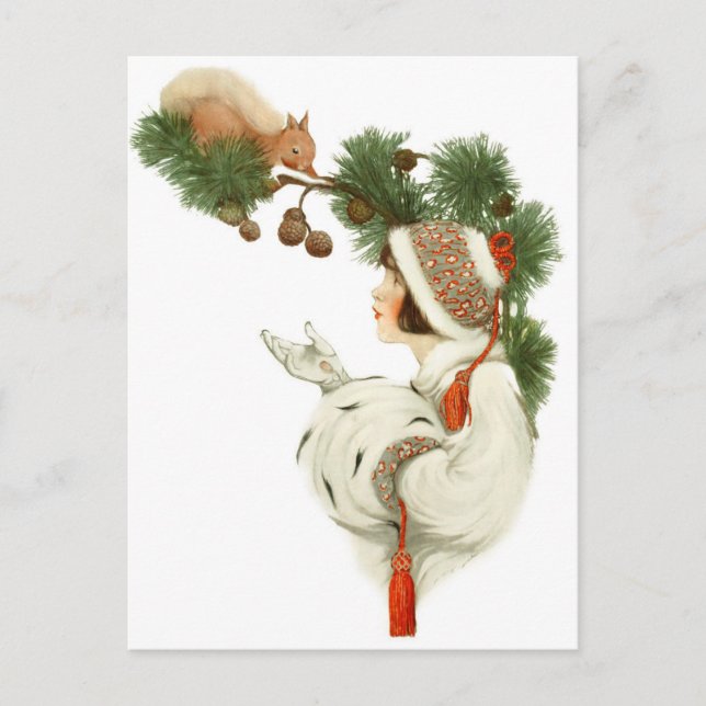 Cartes Pour Fêtes Annuelles Femme Befriends Squirel à l'heure de Noël (Devant)