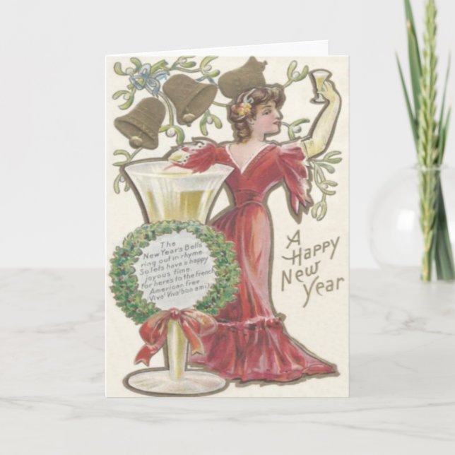 Cartes Pour Fêtes Annuelles Femme Champagne Flute Bell Holly Wreath Mistletoe (Devant)