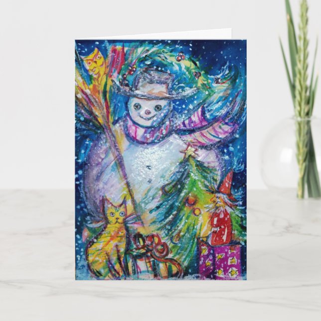 Cartes Pour Fêtes Annuelles FEMME DE NEIGE AVEC JOUETS, bleu blanc jaune (Devant)