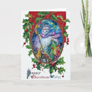 Cartes Pour Fêtes Annuelles FEMME DE NEIGE AVEC JOUETS, Couronne de Noël Holly
