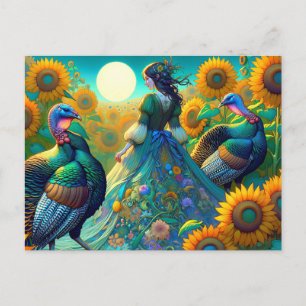 Cartes Pour Fêtes Annuelles Femme Élégante, Dinde et Tournesols