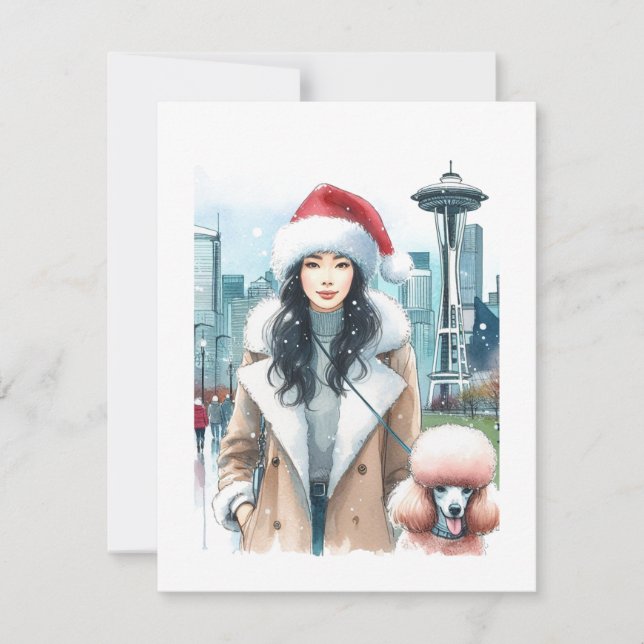 Cartes Pour Fêtes Annuelles Femme élégante promenant son caniche à Seattle pou (Devant)