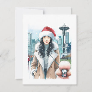Cartes Pour Fêtes Annuelles Femme élégante promenant un caniche à Seattle Noël