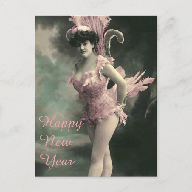Cartes Pour Fêtes Annuelles Femme en costume d'oiseau rose Nouvel An (Devant)