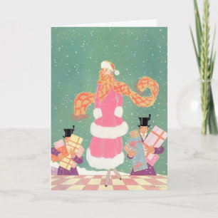 Cartes Pour Fêtes Annuelles Femme en rose avec hommes portant des cadeaux 1914