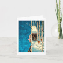 Femme et cerf dans la forêt de bouleaux enneigés p