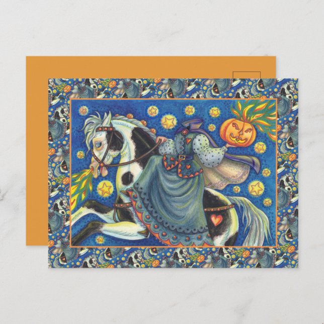 CARTES POUR FÊTES ANNUELLES FEMME SANS TÊTE, SIDESADDLE SUR HALLOWEEN PINTO (Devant / Derrière)