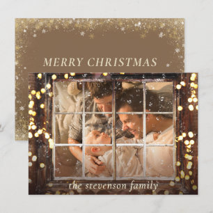 Cartes Pour Fêtes Annuelles Fenêtre neige   Lumières Gold Bokeh avec photo en 
