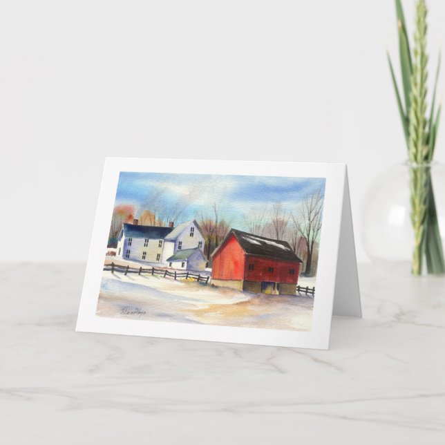 Cartes Pour Fêtes Annuelles Ferme d'hiver et grange rouge (Devant)