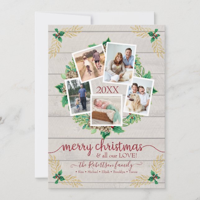 Cartes Pour Fêtes Annuelles Ferme Wreath Noël Rustique w Photos de famille (Devant)