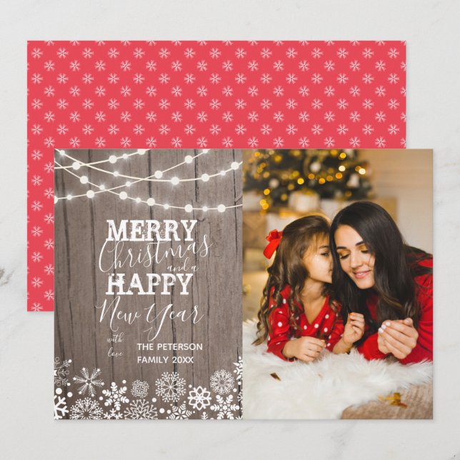 Cartes Pour Fêtes Annuelles Festif Chaîne Lumières Neige Photo Noël (Devant / Derrière)