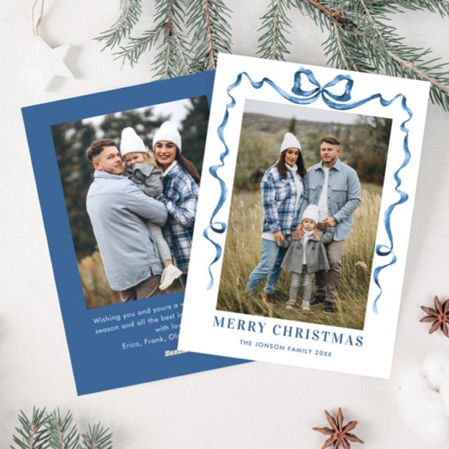 Cartes Pour Fêtes Annuelles Festif Dusty Blue Christmas Bow Ribbon 2 Photo (Créateur téléchargé)