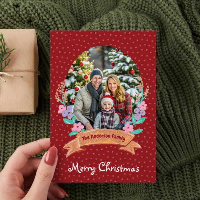 Cartes Pour Fêtes Annuelles Festif Floral Wreath Christmas Red Photo (Créateur téléchargé)