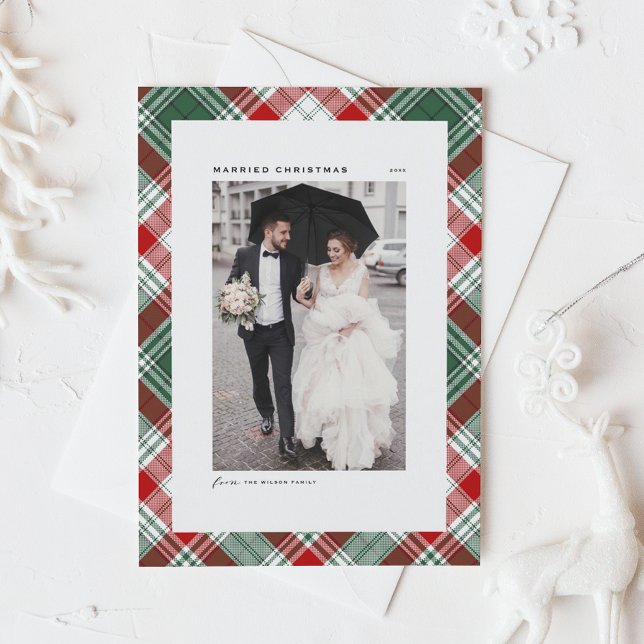 Cartes Pour Fêtes Annuelles Festif Motif tatan marié Photo de Noël (Festive Green and Red Tartan Pattern Married Christmas Photo Holiday Card)