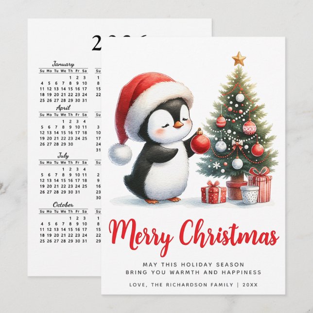 Cartes Pour Fêtes Annuelles Festif Pingouin blanc et rouge Joyeux Noël (Devant / Derrière)