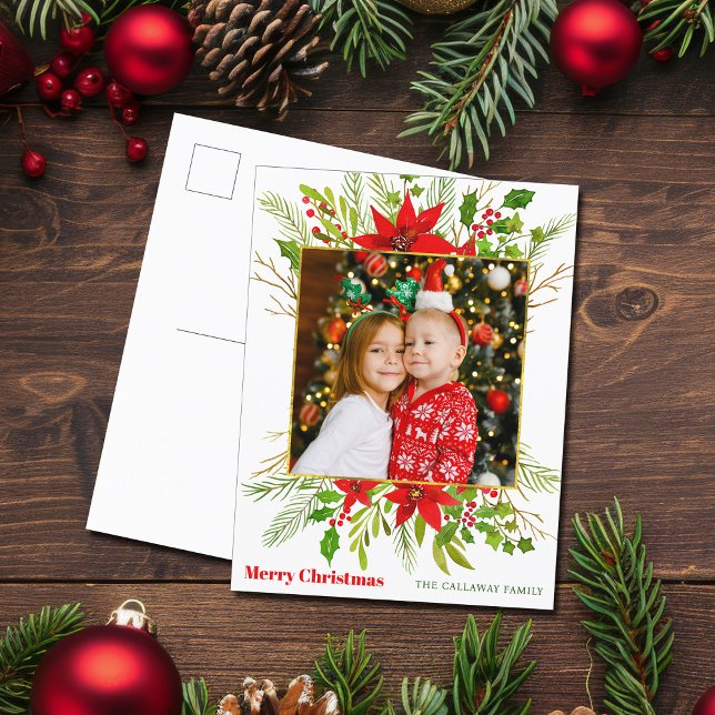 Cartes Pour Fêtes Annuelles Festif Rouge Poinsettia Floral Christmas Kids Phot (Créateur téléchargé)