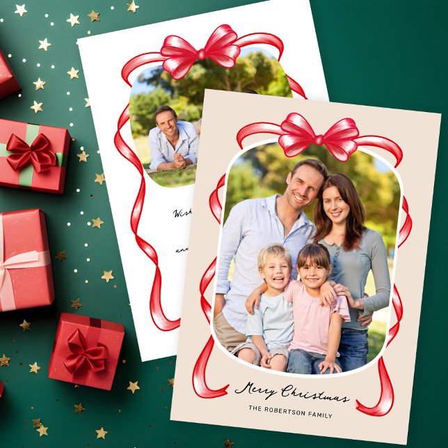 Cartes Pour Fêtes Annuelles Festif Rouge Ruban Bow Courbé 2 Photo Noël (Créateur téléchargé)