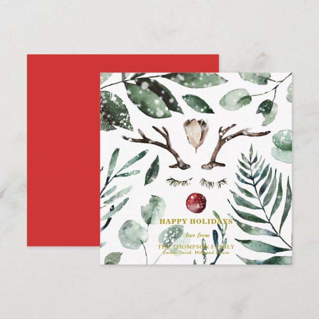 Cartes Pour Fêtes Annuelles Festif Rouge vert feuillage Eucalyptus Magnolia (Devant / Derrière)