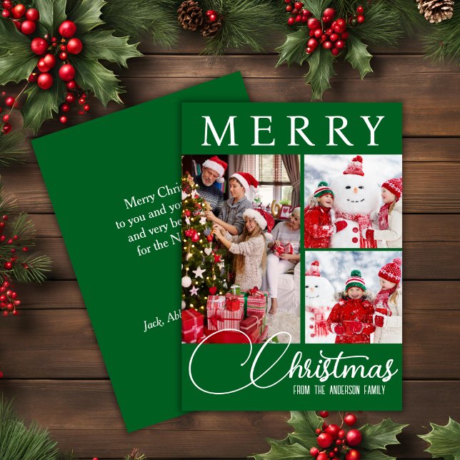 Cartes Pour Fêtes Annuelles Festif Vert & Blanc Joyeux Noël Trois photos (Festive Green & White Merry Christmas Three Photo Holiday Card)