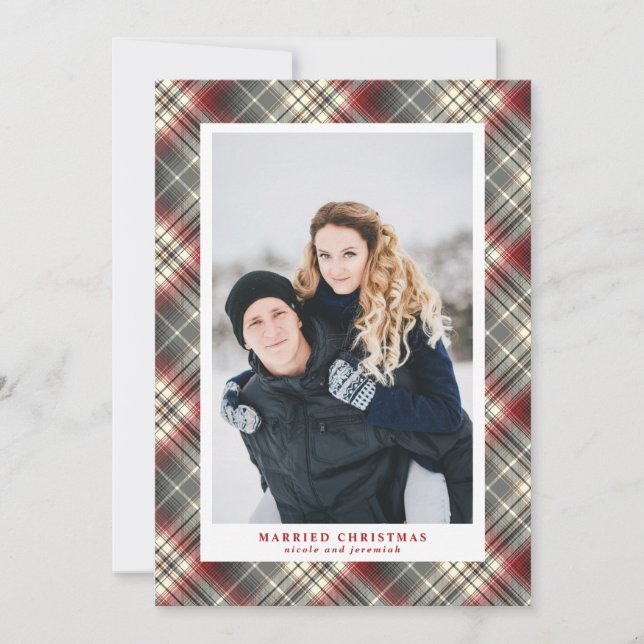 Cartes Pour Fêtes Annuelles Festin Tartan rouge Gris gris Marié Noël Photo (Devant)