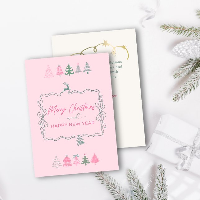Cartes Pour Fêtes Annuelles Festive Bow & Chic Trees Doodle Pink Holiday Card (Festive Bow & Chic Trees Doodle Pink Holiday Card)