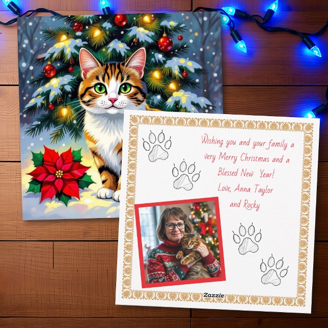 Cartes Pour Fêtes Annuelles Festive Cat and Poinsettia Customized Christmas (Créateur téléchargé)