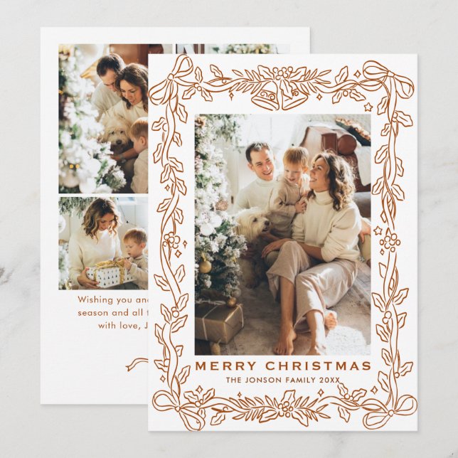Cartes Pour Fêtes Annuelles Festive Christmas Boho Beige Bow Ribbon 5 Photo (Devant / Derrière)