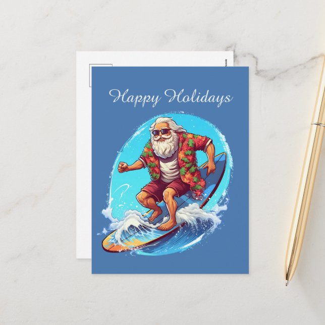 Cartes Pour Fêtes Annuelles Festive Christmas surfing Père Noël ajouter le tex (Devant/Arrière en situation)