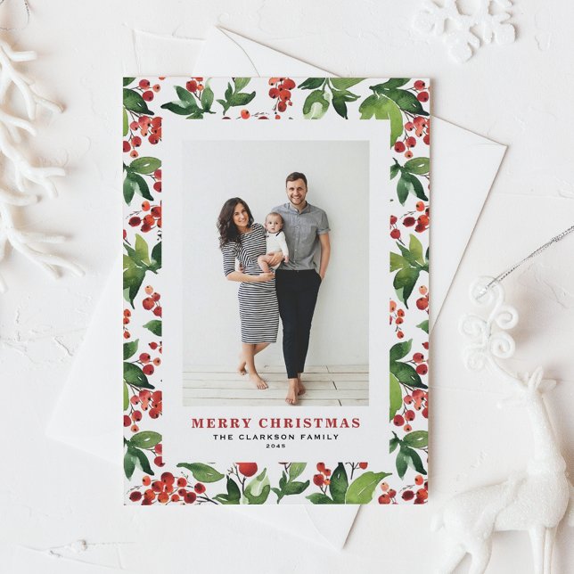 Cartes Pour Fêtes Annuelles Festive de verdure et de fraise Photo Noël (Watercolor Festive Winter Berries and Greenery Photo Merry Christmas Holiday Postcard)