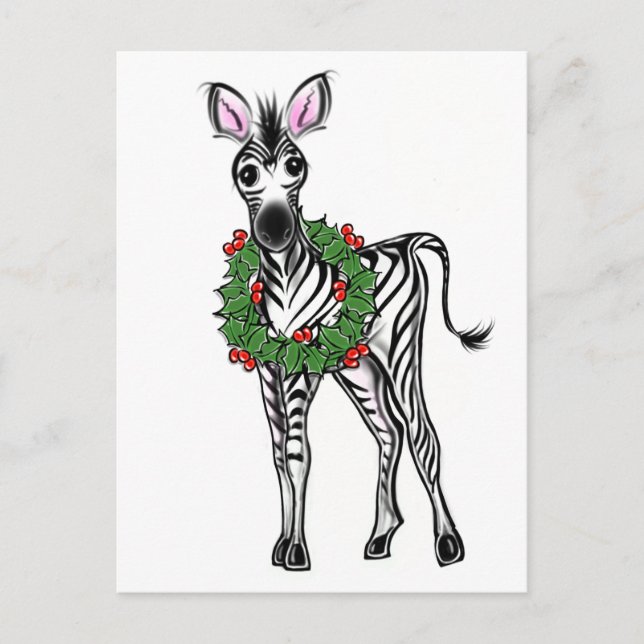 Cartes Pour Fêtes Annuelles Festive Fête Zebra illustration, Holly wreath (Devant)