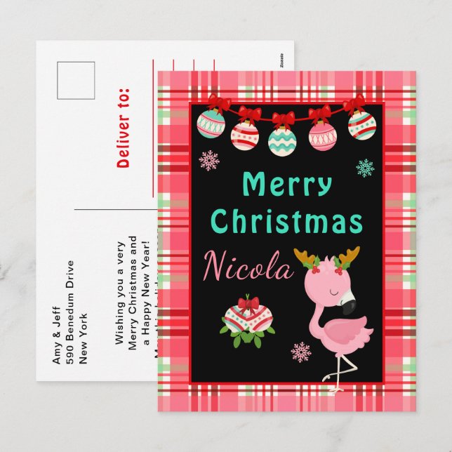 Cartes Pour Fêtes Annuelles Festive Flamingo Merry Christmas with Name (Devant / Derrière)