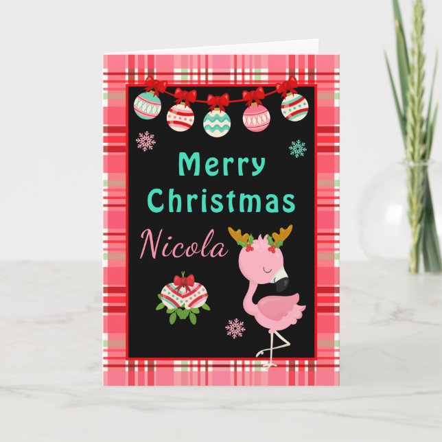 Cartes Pour Fêtes Annuelles Festive Flamingo Merry Christmas with Name (Devant)
